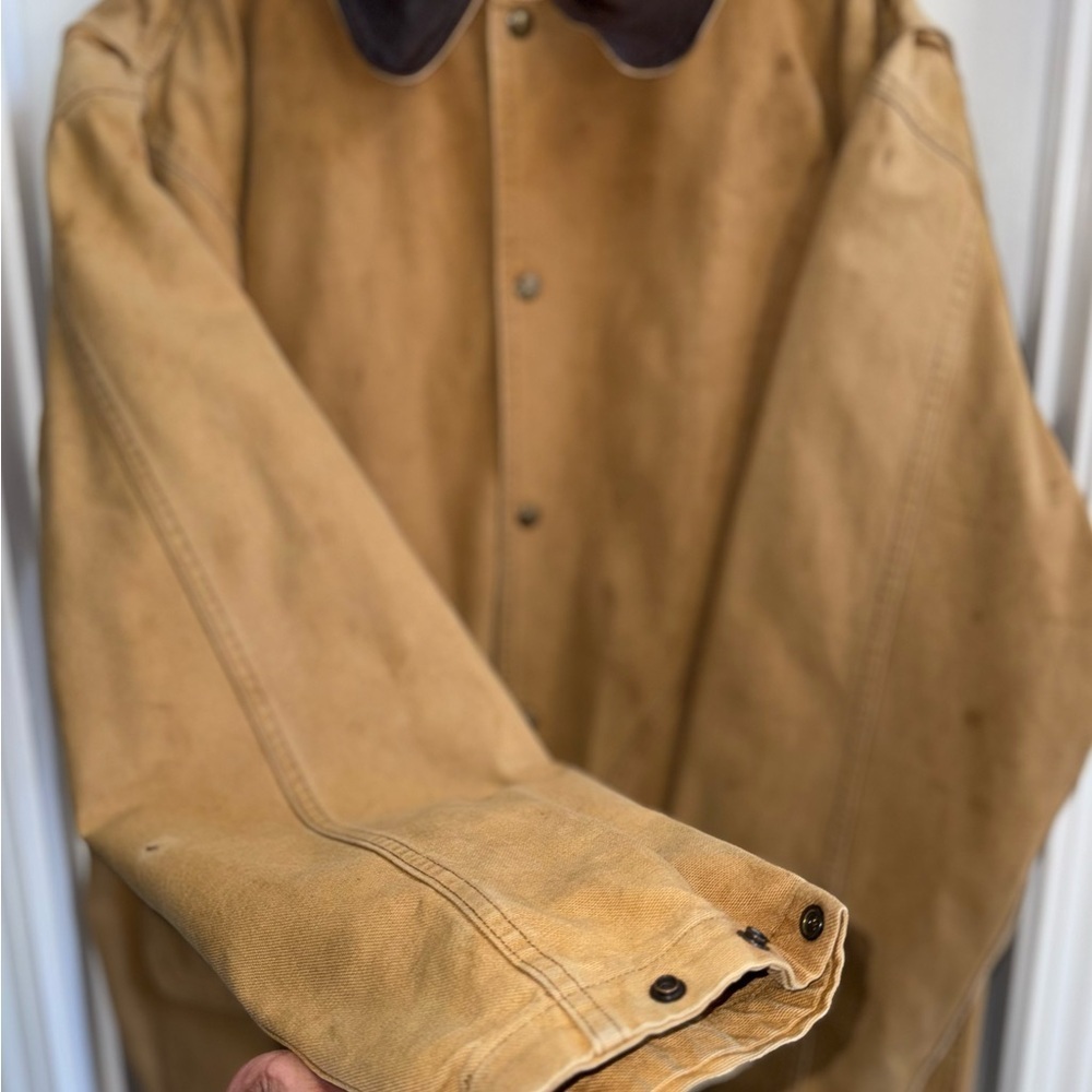 Vintage Woolrich Chore Coat Cotton Mens L Tan Leather Collar Removable Fleece - Picture 3 of 12